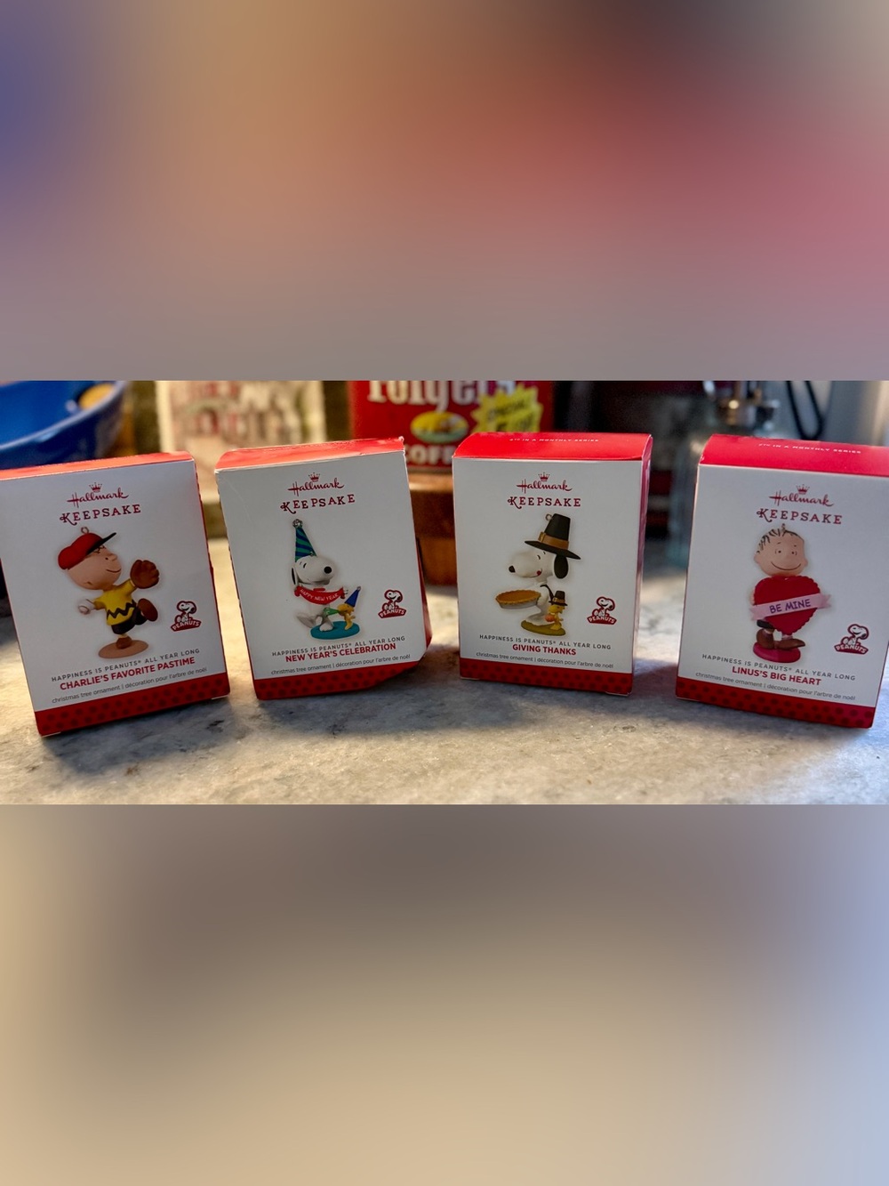 Lot of 4 Hallmark Keepsake Ornaments PEANUTS 12 Months of Fun Set w/boxes